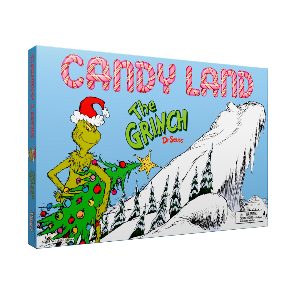 USAOPOLY Candy Land Grinch box shows festive packaging for family play.