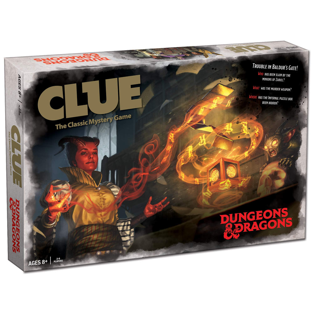 USAOPOLY Clue D&D Infernal Puzzle Box artwork for immersive mystery experience.