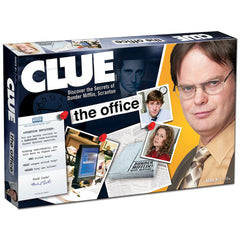 USAOPOLY CLUE Office Edition board game on table for family game night.