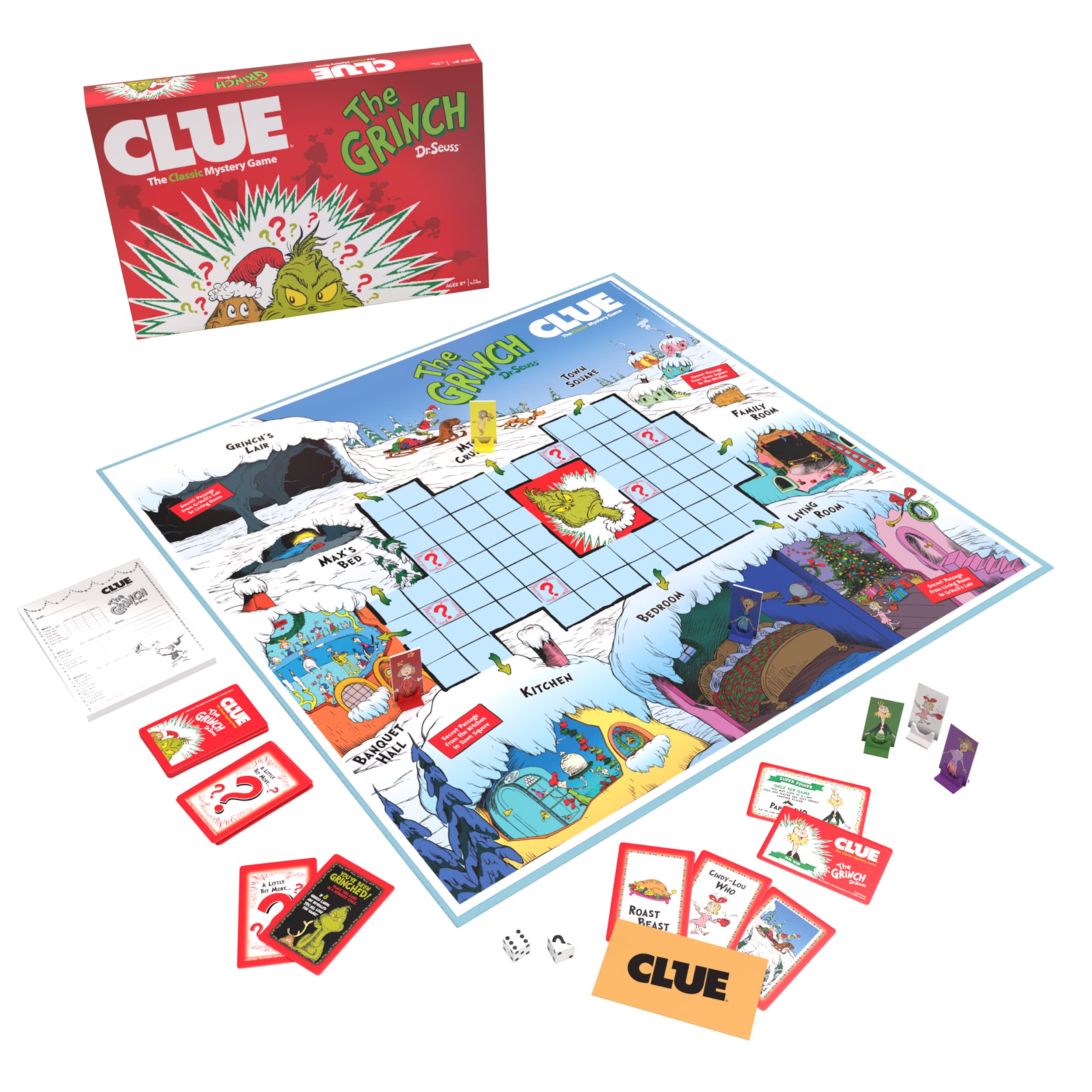 USAOPOLY Clue The Grinch board spread invites Whoville mystery play