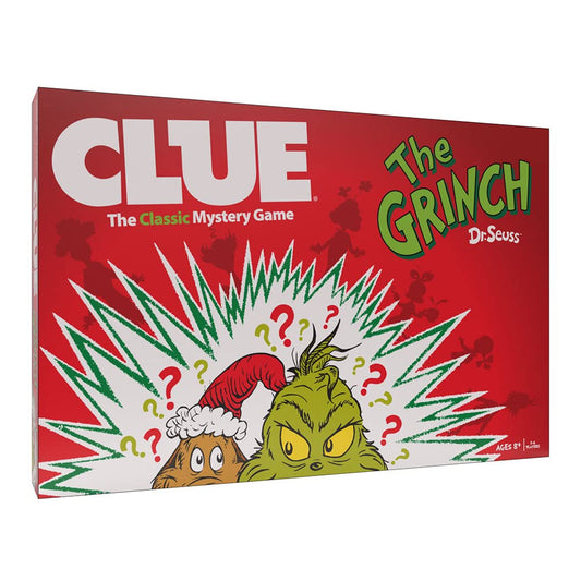 USAOPOLY Clue The Grinch box front promotes festive family game night