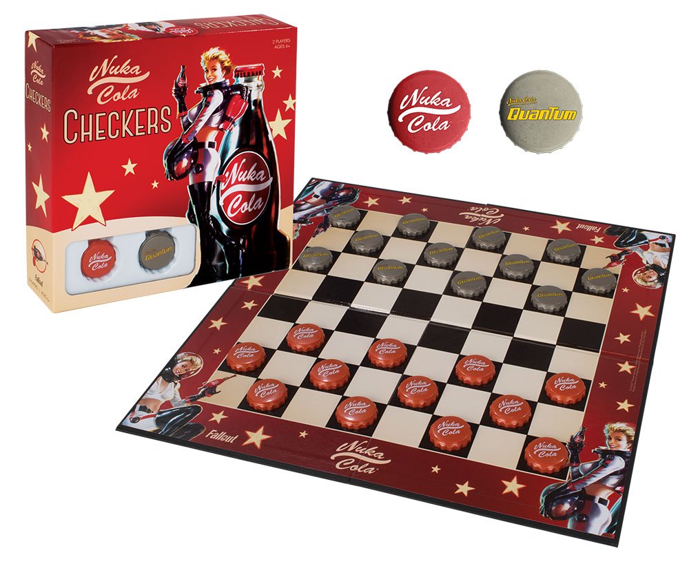 USAopoly Fallout Nuka-Cola checkers caps highlight authentic cap pieces for immersive play.