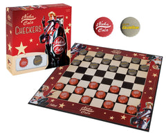 USAopoly Fallout Nuka-Cola checkers caps highlight authentic cap pieces for immersive play.