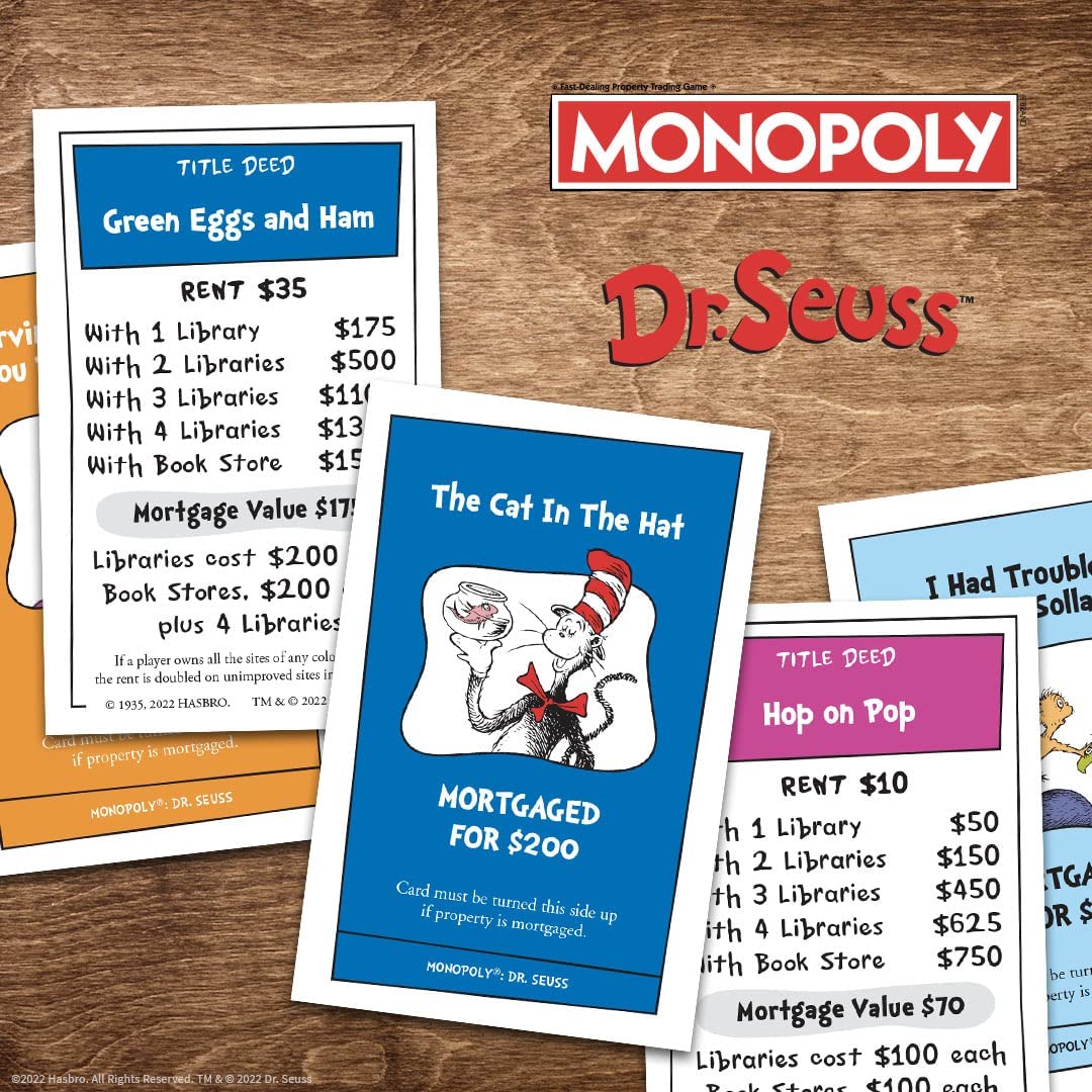 USAOPOLY Monopoly Dr. Seuss Explore cards inspire strategic moves during play.