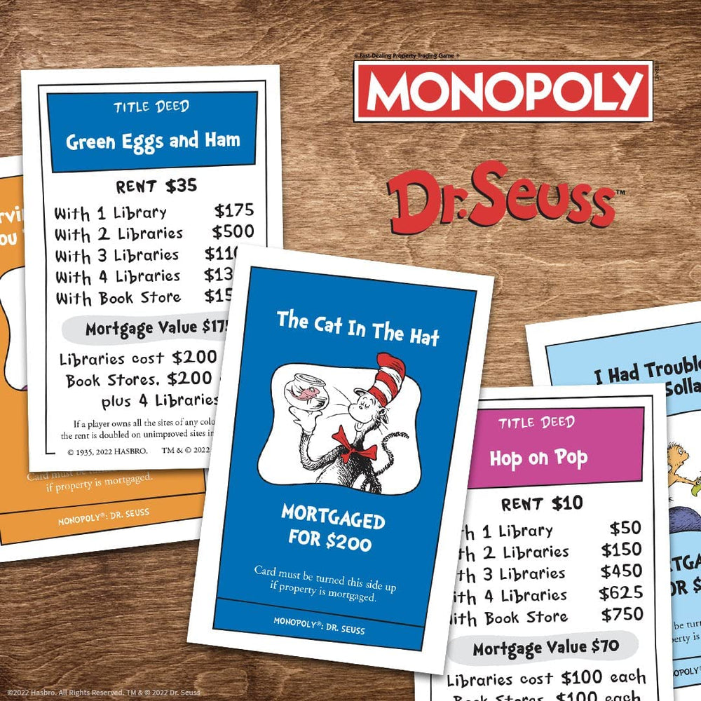 USAOPOLY Monopoly Dr. Seuss Explore cards inspire strategic moves during play.