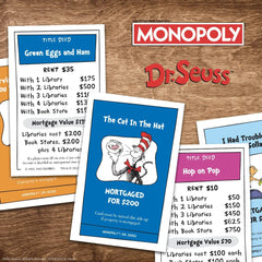 USAOPOLY Monopoly Dr. Seuss Explore cards inspire strategic moves during play.