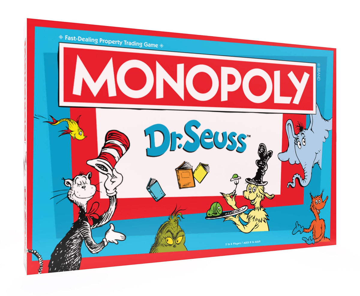 USAOPOLY Monopoly Dr. Seuss game board showcases iconic locations for family game night.