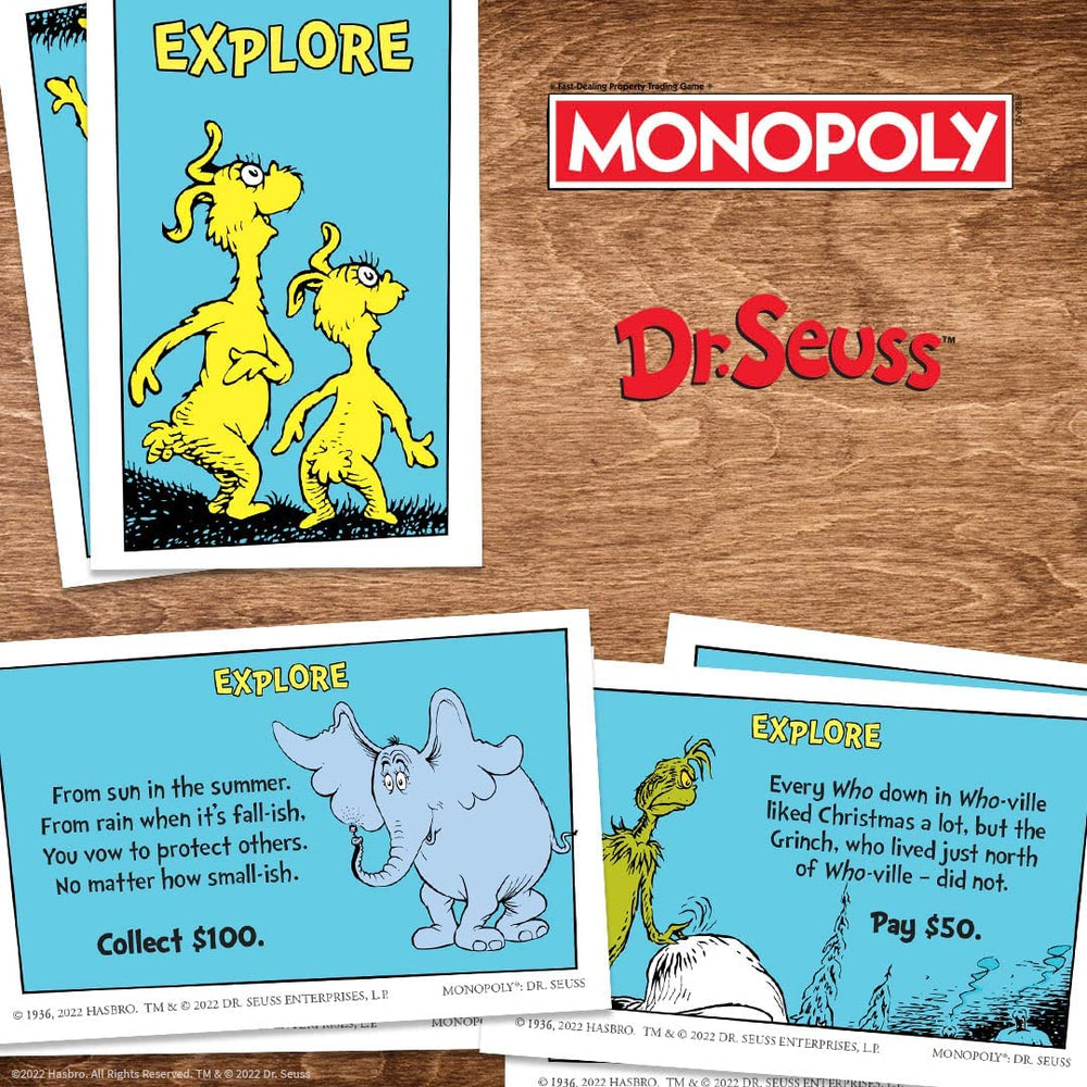 USAOPOLY Monopoly Dr. Seuss money in Dr. Seuss themed design for authentic gameplay.