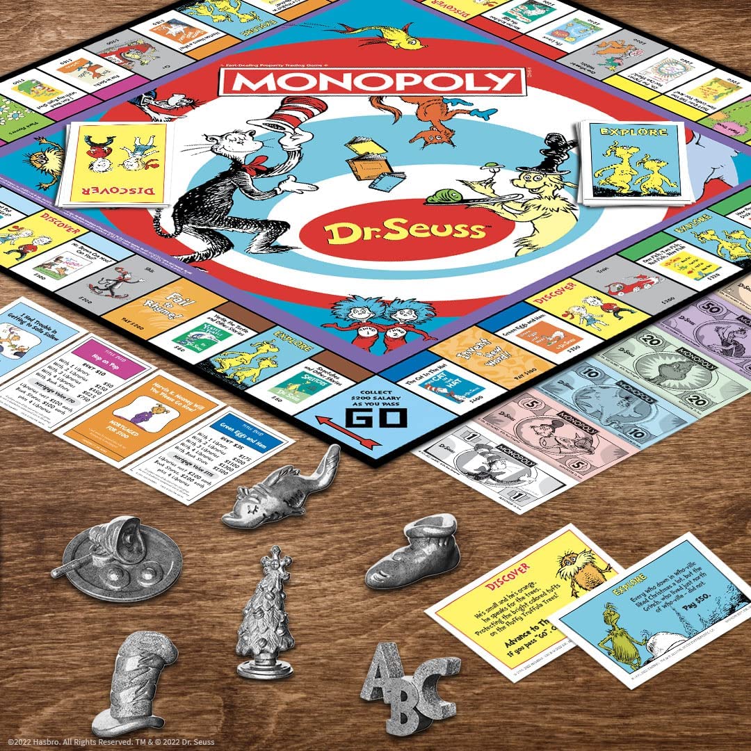 USAOPOLY Monopoly Dr. Seuss title deed cards display book titles to collect and trade.