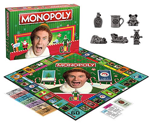 USAOPOLY Monopoly Elf board artwork highlighting movie locations for immersive gameplay