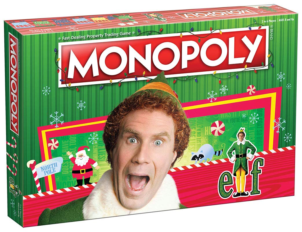 USAOPOLY Monopoly Elf box cover with iconic holiday imagery for family game night
