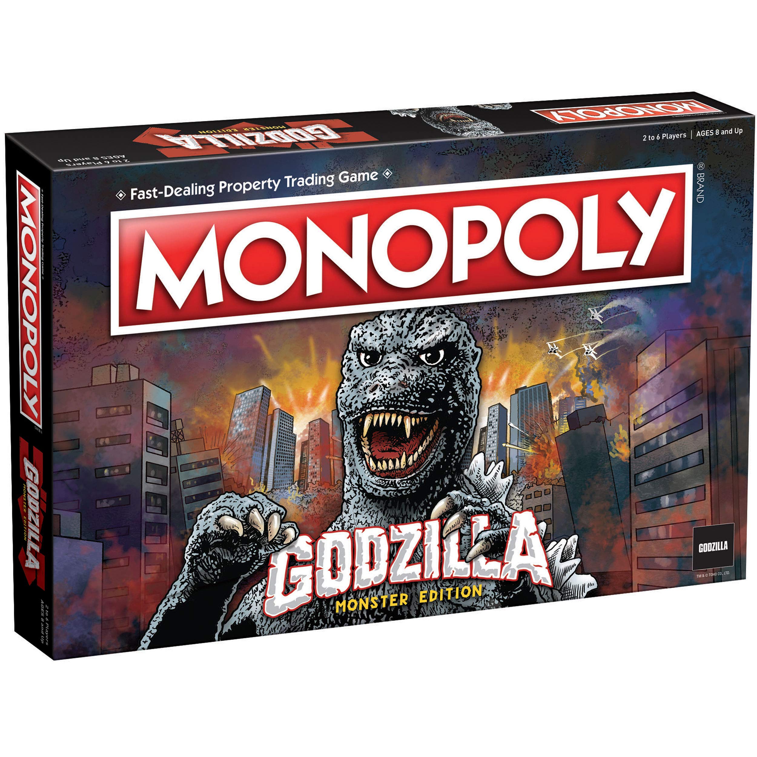 USAOPOLY Monopoly Godzilla board top view highlighting kaiju locations for planning.