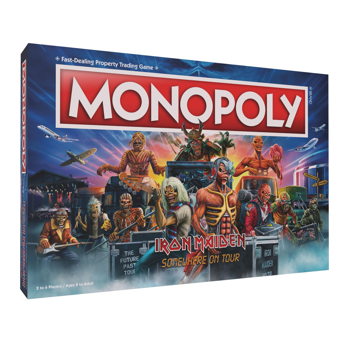 USAOPOLY Monopoly Iron Maiden board showing arena spaces for immersive gameplay.