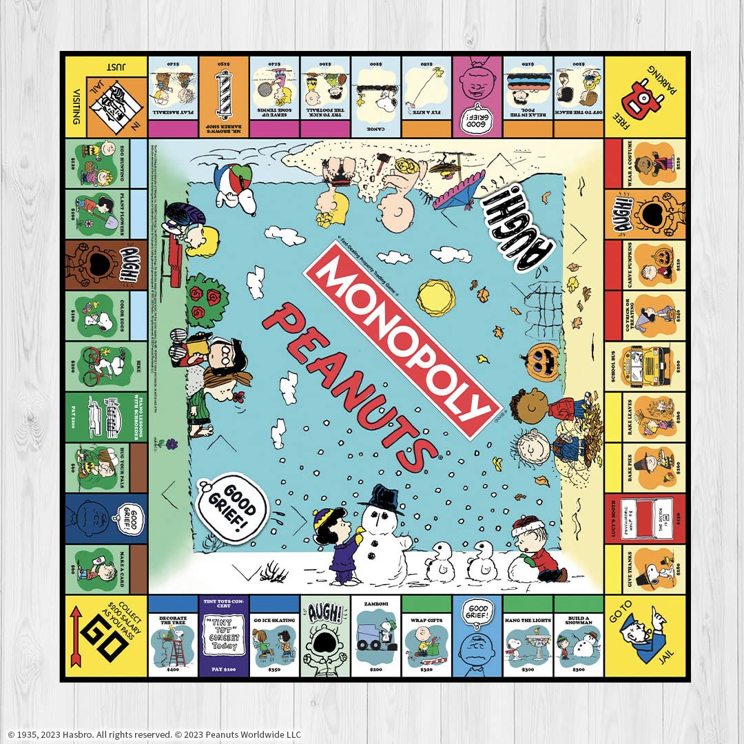 USAOPOLY Monopoly Peanuts game board showcases beloved comic strip scenes