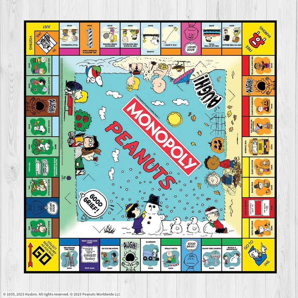 USAOPOLY Monopoly Peanuts game board showcases beloved comic strip scenes