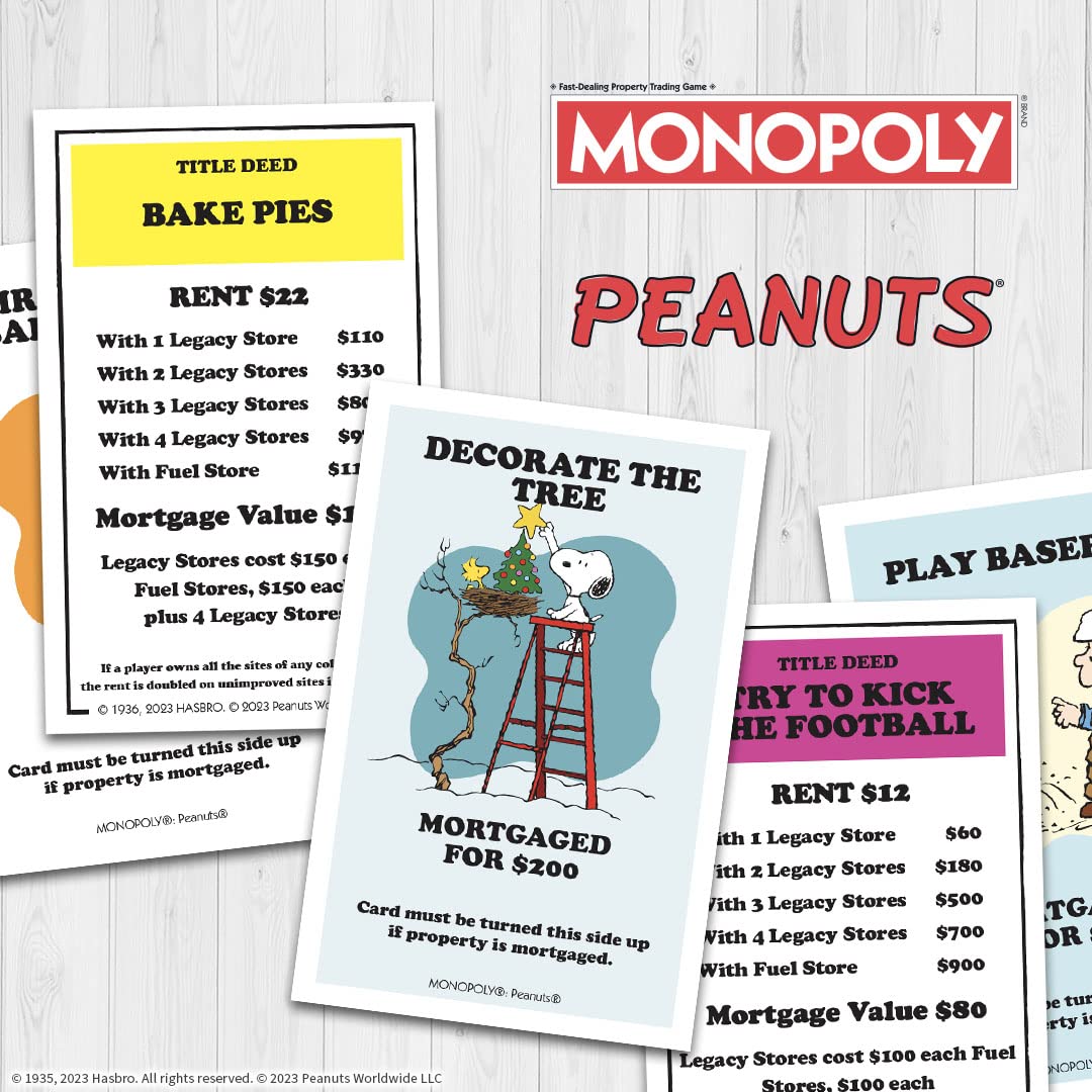 USAOPOLY Monopoly Peanuts title deed cards highlight themed decision points