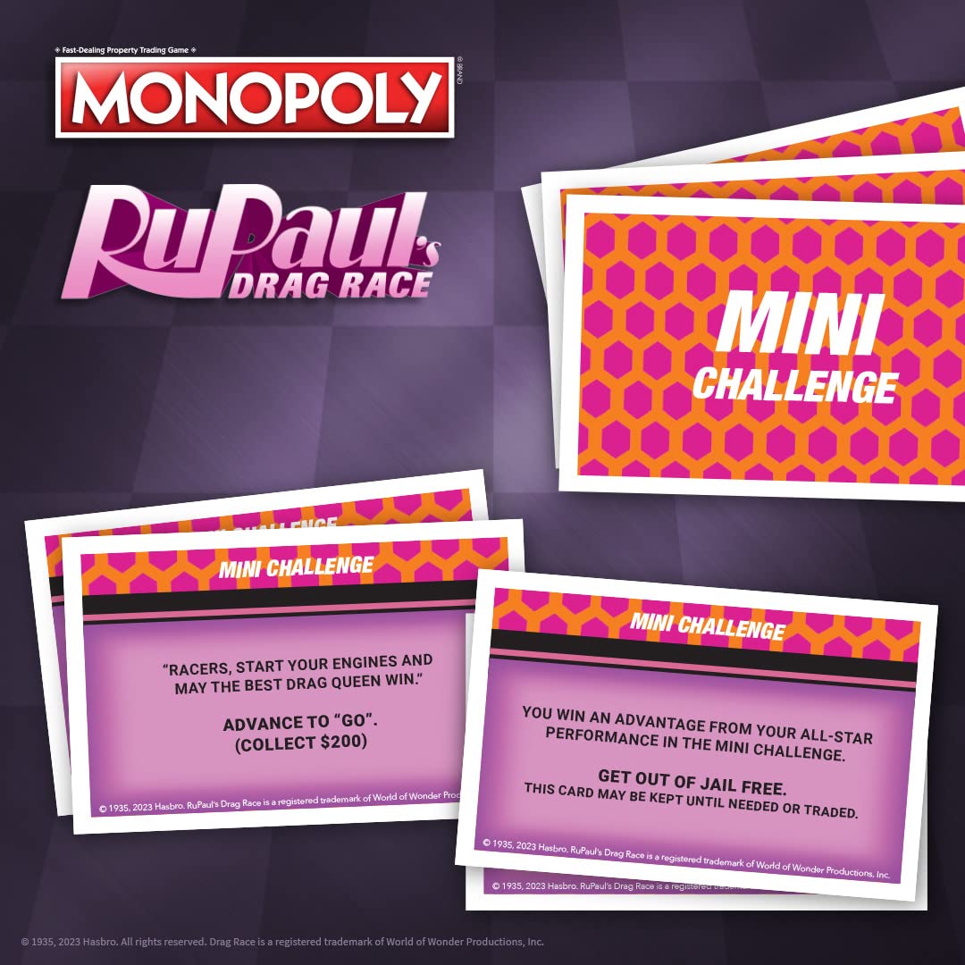 USAOPOLY Monopoly RuPaul’s Drag Race title-deed-cards deck highlights strategic planning.