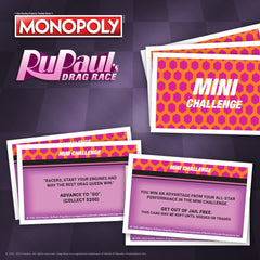 USAOPOLY Monopoly RuPaul’s Drag Race title-deed-cards deck highlights strategic planning.