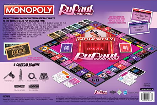 USAOPOLY Monopoly RuPaul’s Drag Race token-checkered-flag adds dramatic race vibes to turns.