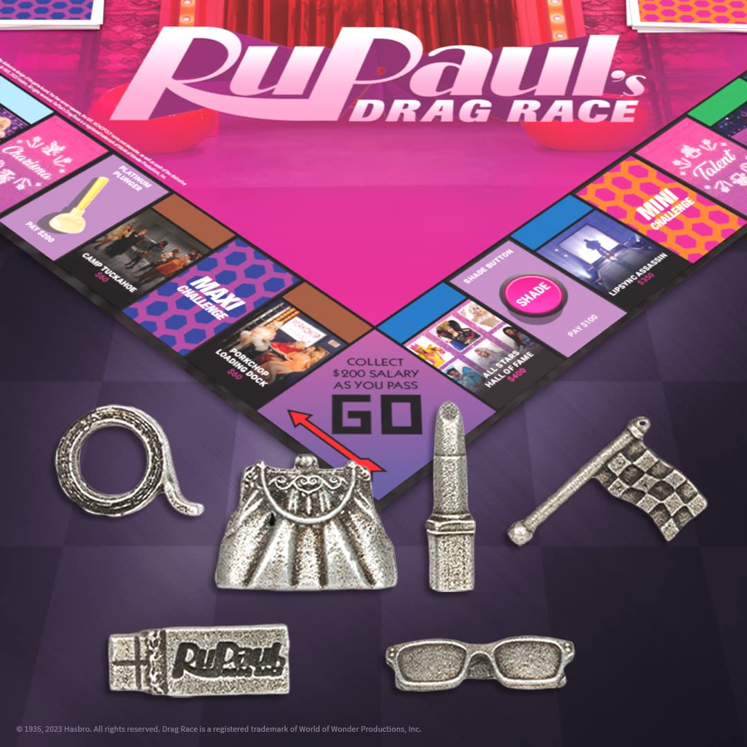 USAOPOLY Monopoly RuPaul’s Drag Race token-purse brings chic drama to rounds.