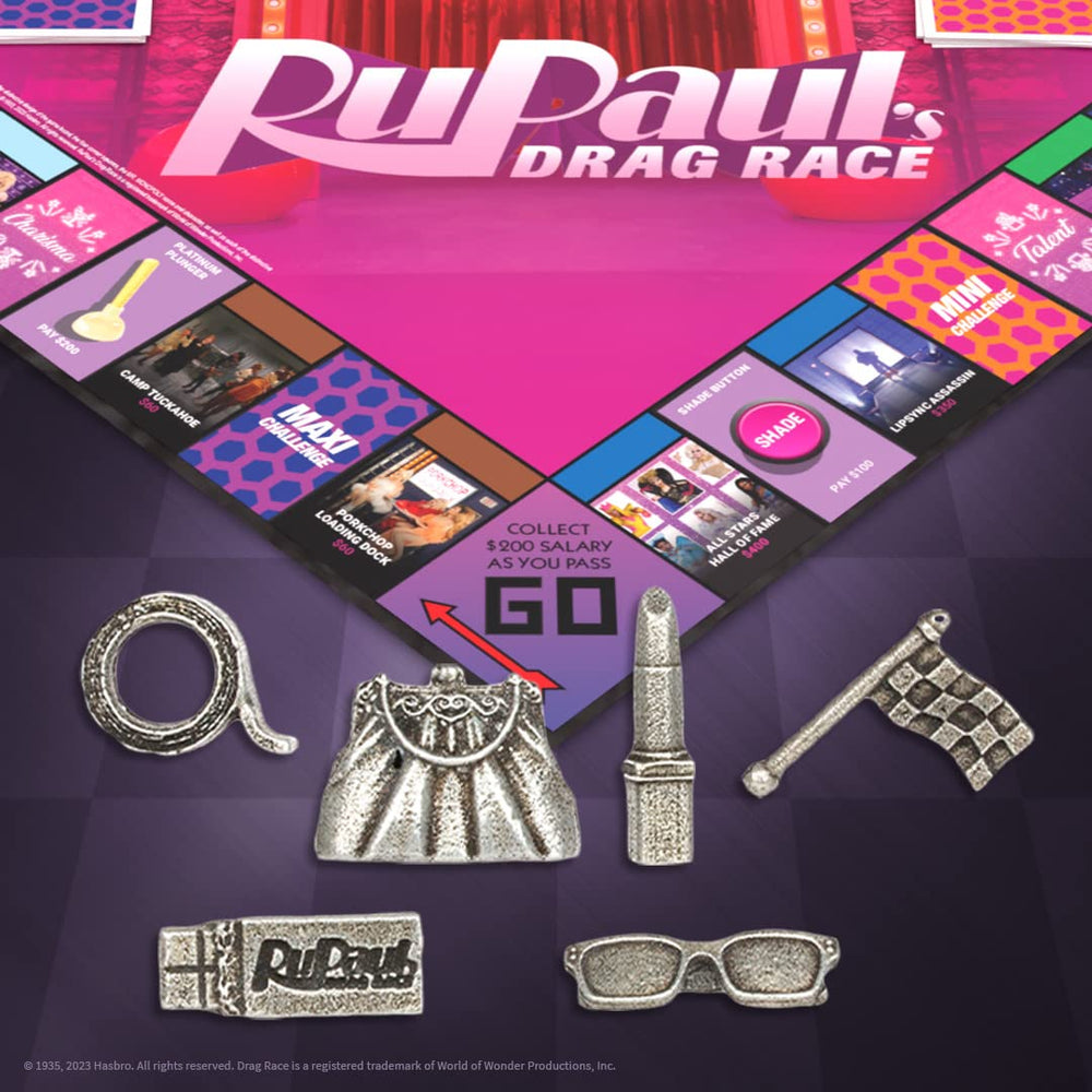 USAOPOLY Monopoly RuPaul’s Drag Race token-purse brings chic drama to rounds.