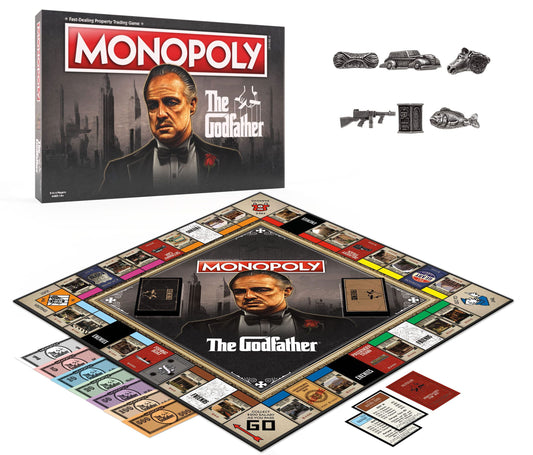 USAOPOLY Godfather token set including Tommy Gun and horse's head for dramatic play.