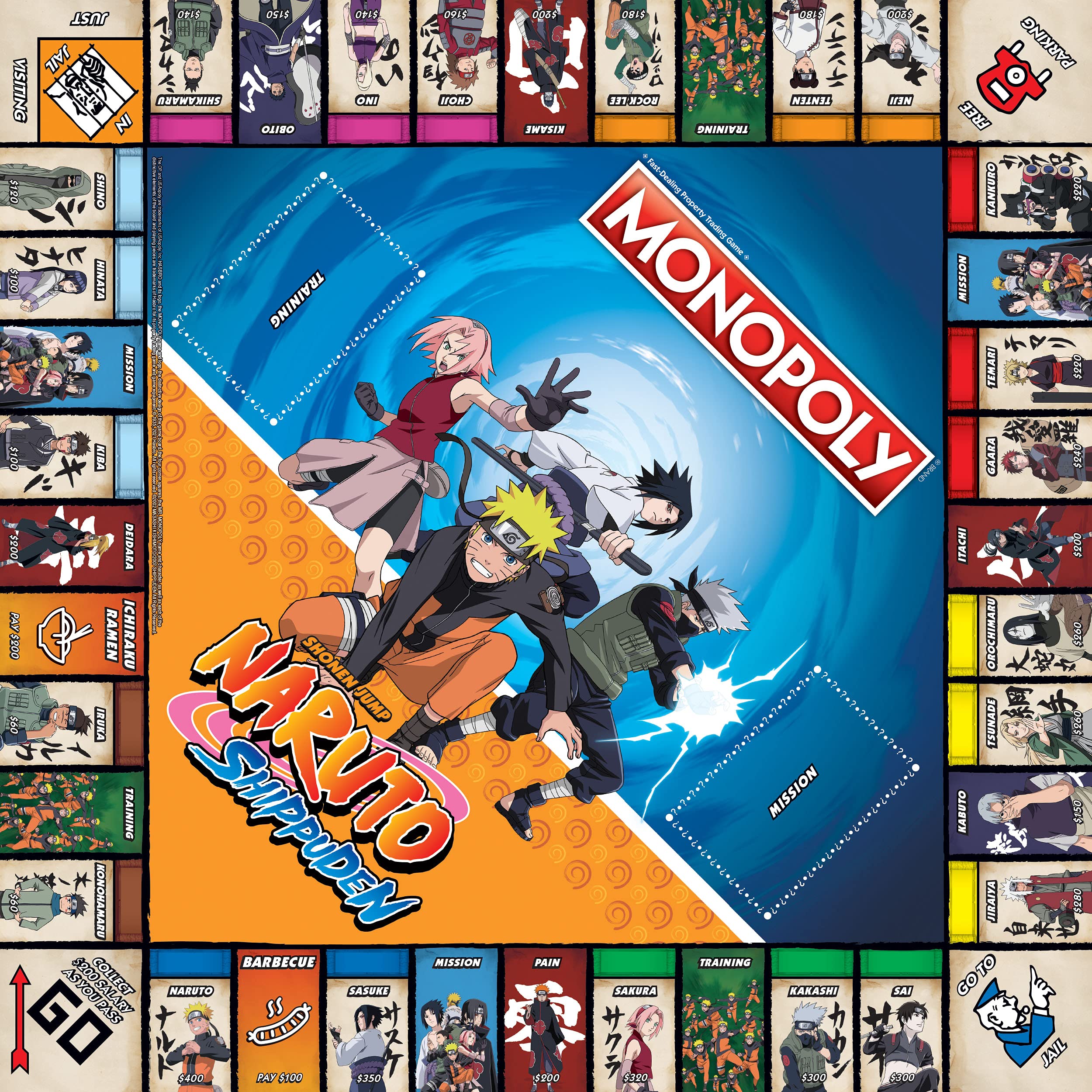 USAOPOLY Naruto Monopoly mission cards offering new challenges to vary rounds.