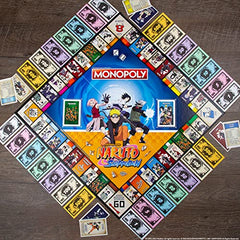 USAOPOLY Naruto Monopoly tokens including Gaara's Sand Gourd and Shuriken for thematic gameplay.