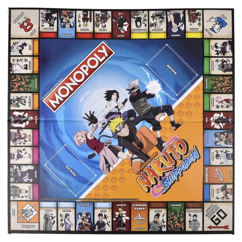 USAOPOLY Naruto Monopoly training cards to sharpen in-game skills and decision making.