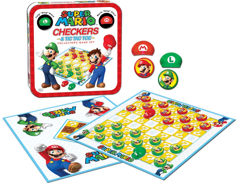 USAOPOLY Super Mario double-sided board supports Checkers and Tic-Tac-Toe.