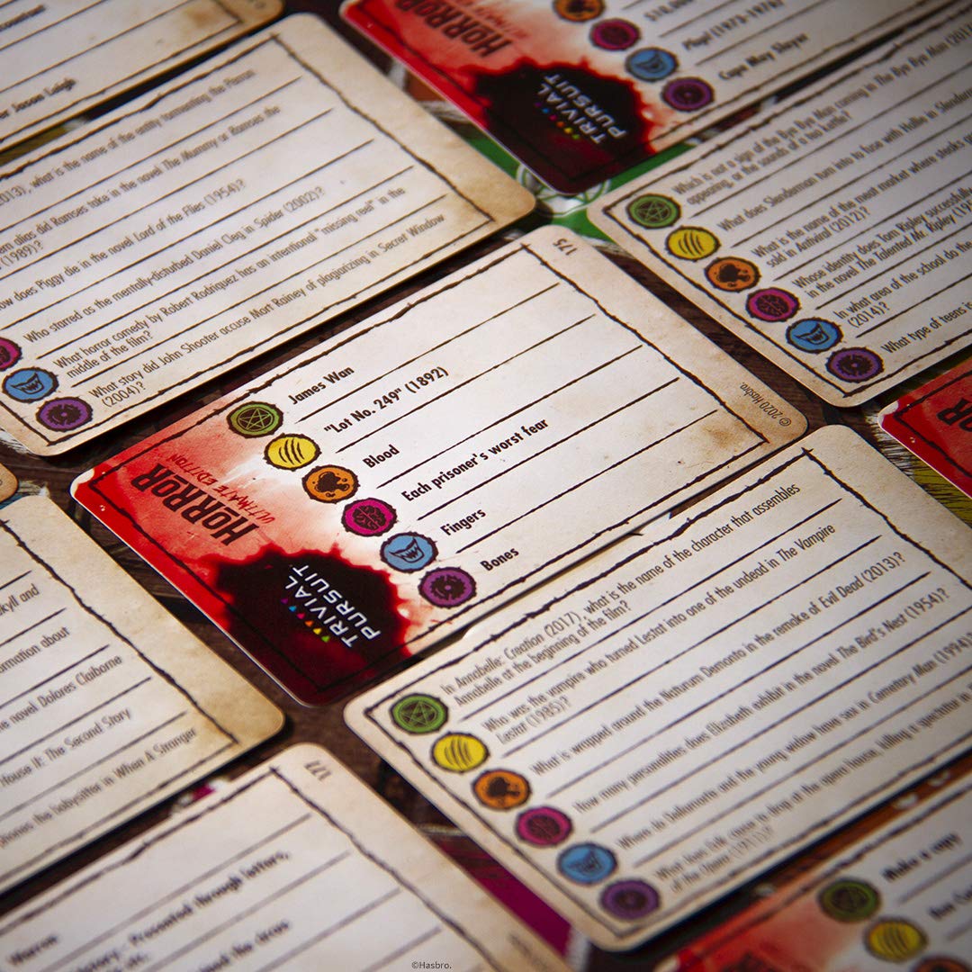 USAOPOLY Trivial Pursuit Horror Ultimate Edition 300 Cards deck for a wealth of questions.