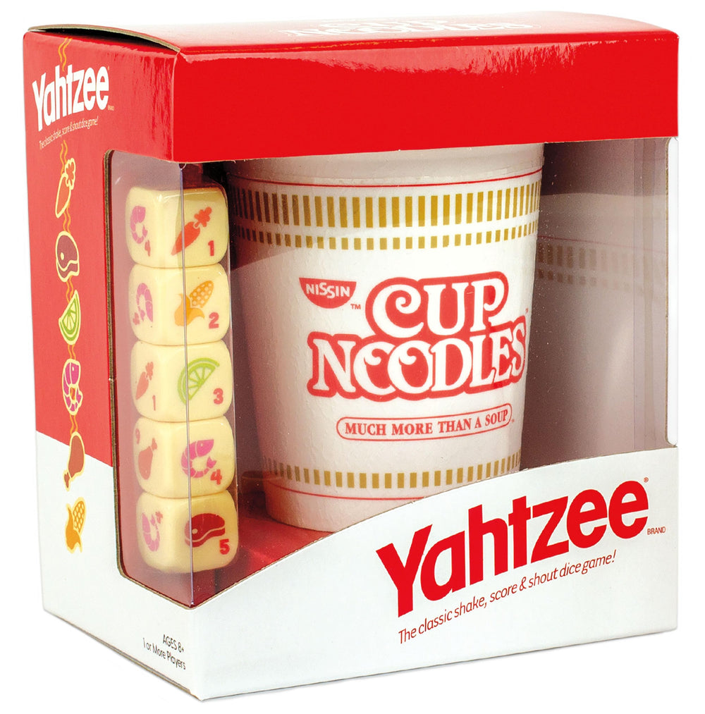 USAOPOLY YAHTZEE Cup Noodles dice set featuring flavor icons for nostalgic, flavorful gameplay.