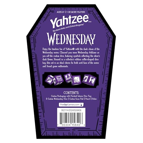 USAOPOLY Yahtzee Wednesday dice showing series symbols for themed play.