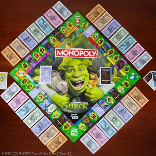USAOPOLY MONOPOLY Shrek Edition board in play during a lively game session.