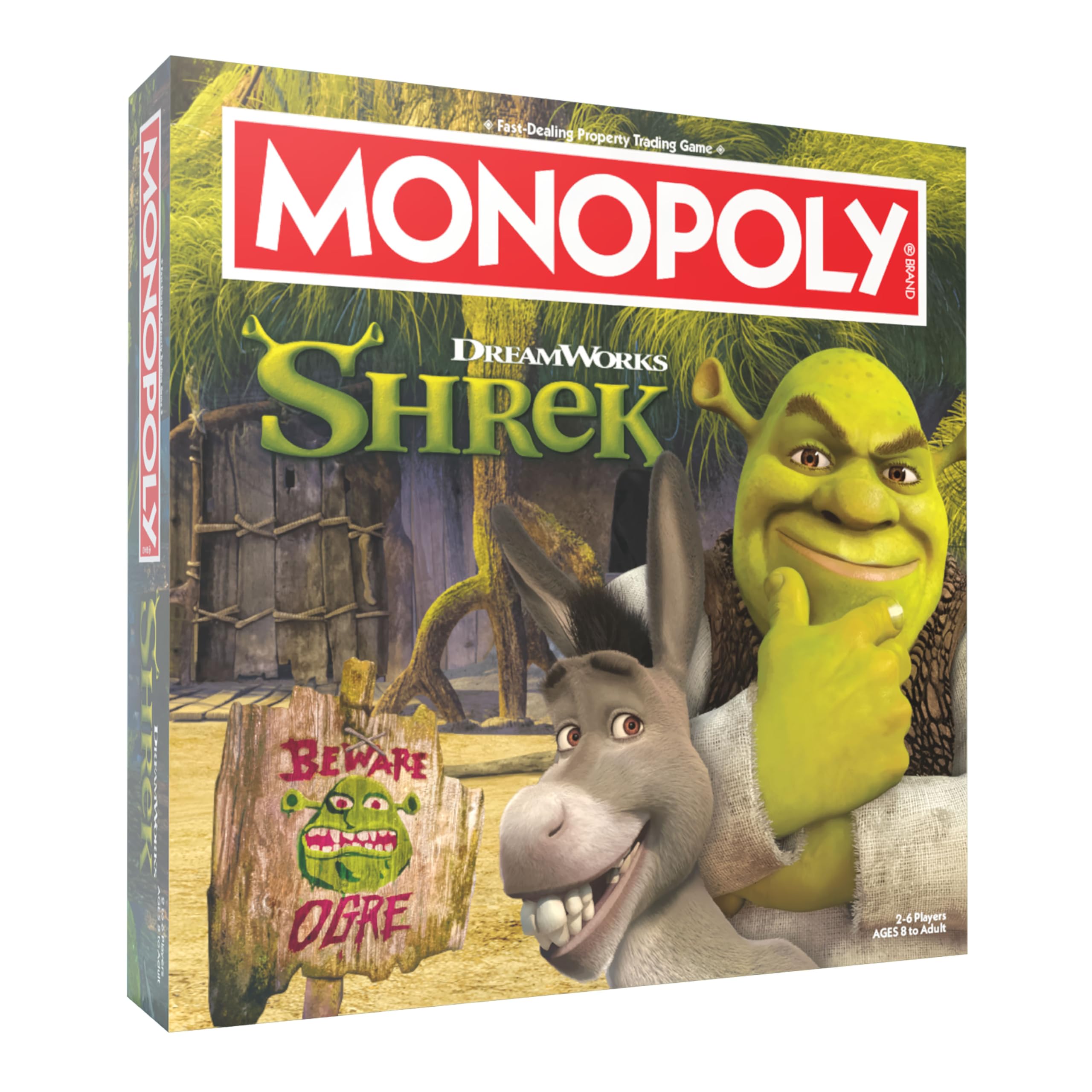 USAOPOLY MONOPOLY Shrek Edition box front, perfect for family game night and collection display.