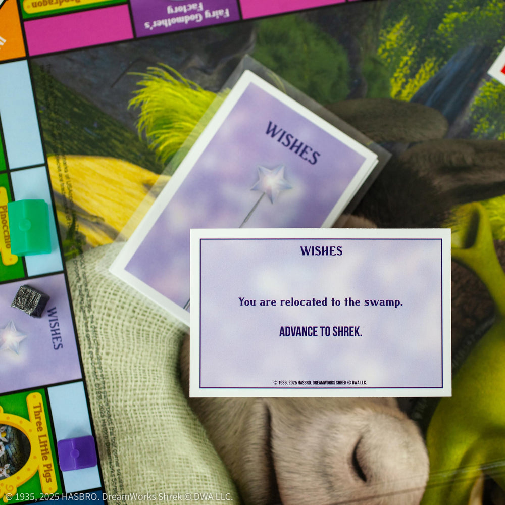 USAOPOLY MONOPOLY Shrek Edition character cards showcase Fiona, Donkey, and friends.