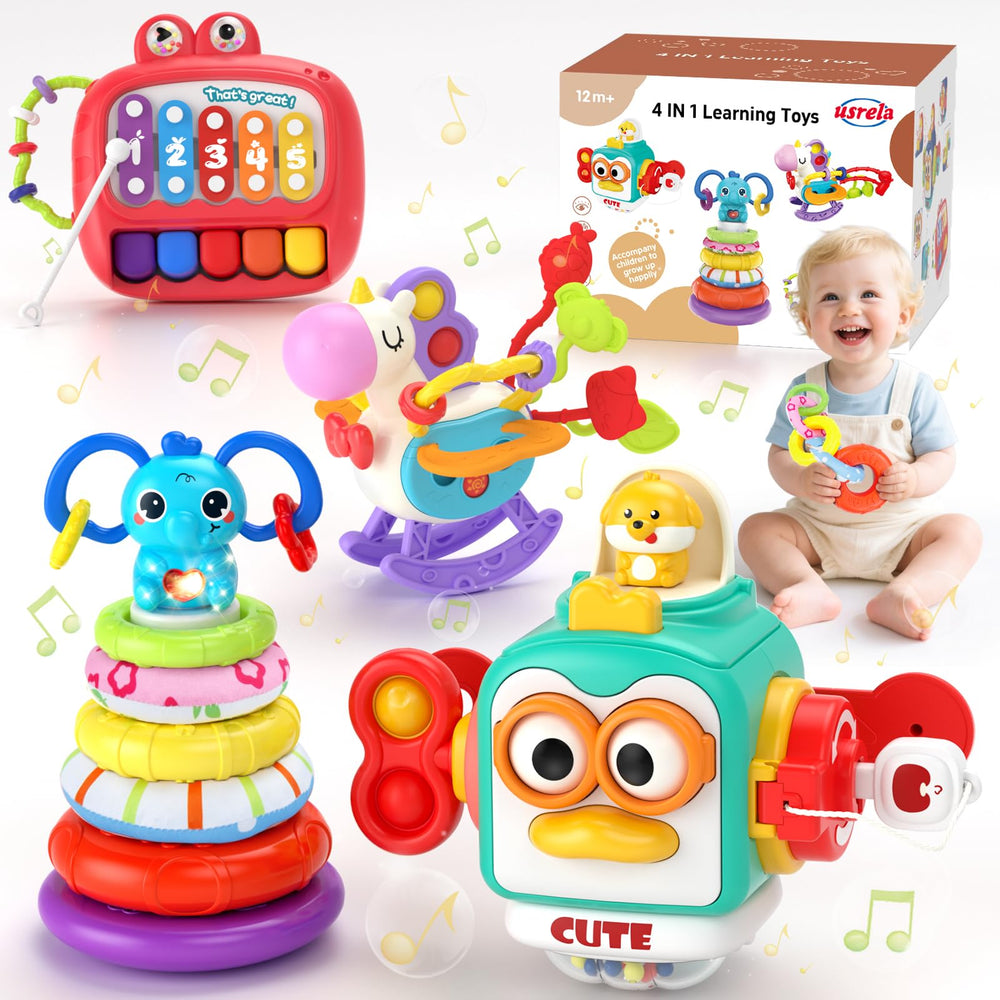 usrela 4-in-1 baby toy cube offers safe learning through tactile play and stacking.