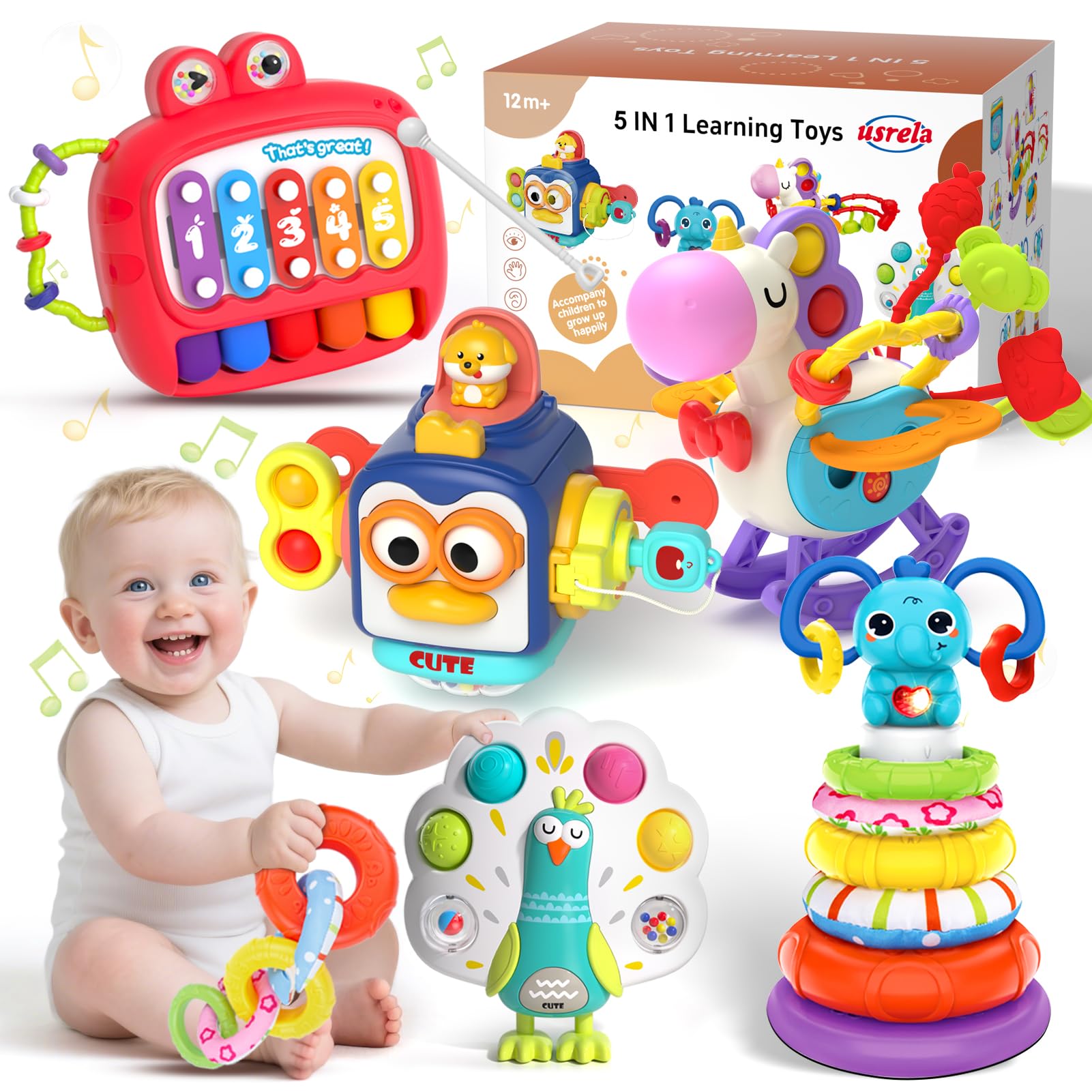 Usrela 5-in-1 Busy Cube for babies with engaging textures and sounds