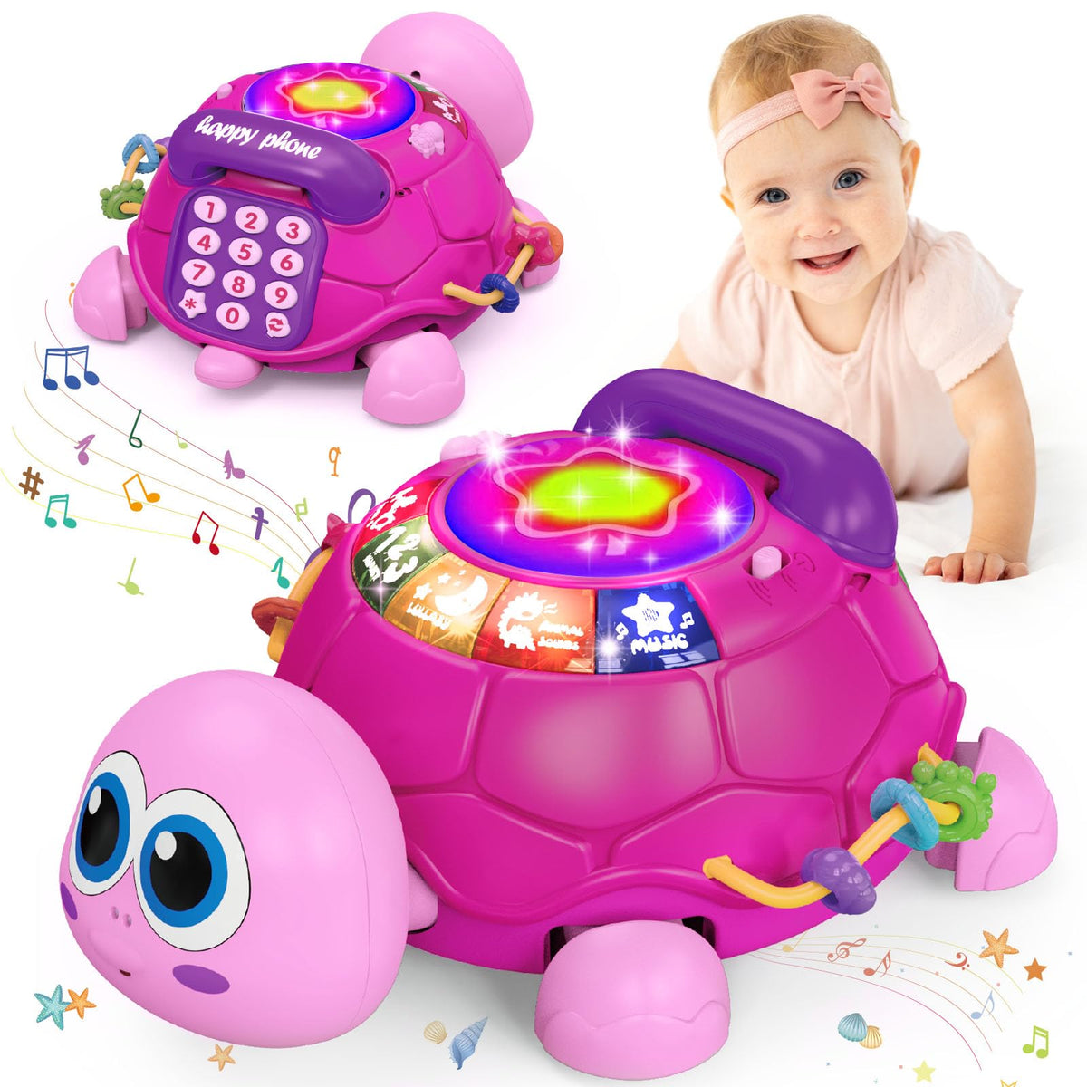 Ussybaby musical turtle toy front view enhances tummy time with bright colors.