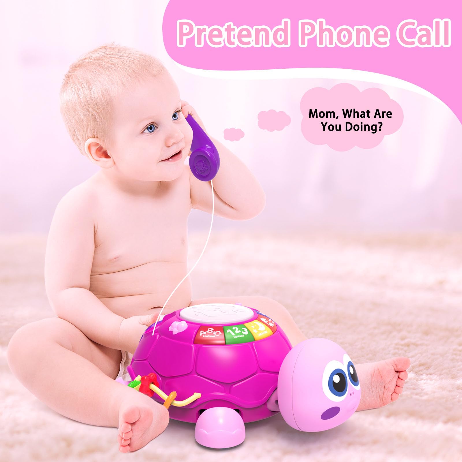 Ussybaby turtle toy phone feature encourages pretend conversations for social play.