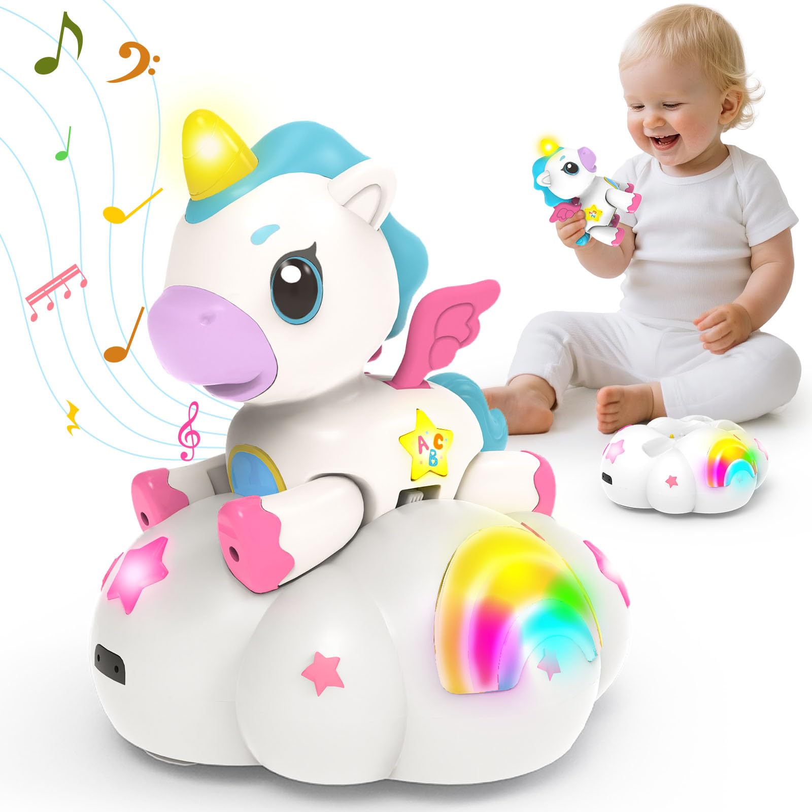 Ussybaby Musical Unicorn toy rolling with cloud base promotes active crawling and exploration