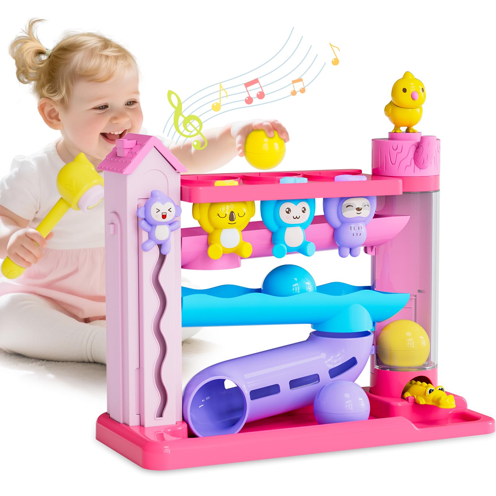 Ussybaby pink ball-drop track toy boosts color recognition and motor skills.