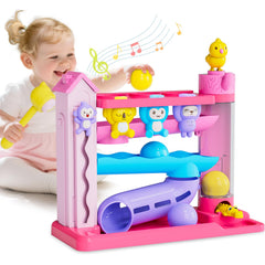 Ussybaby pink ball-drop track toy boosts color recognition and motor skills.