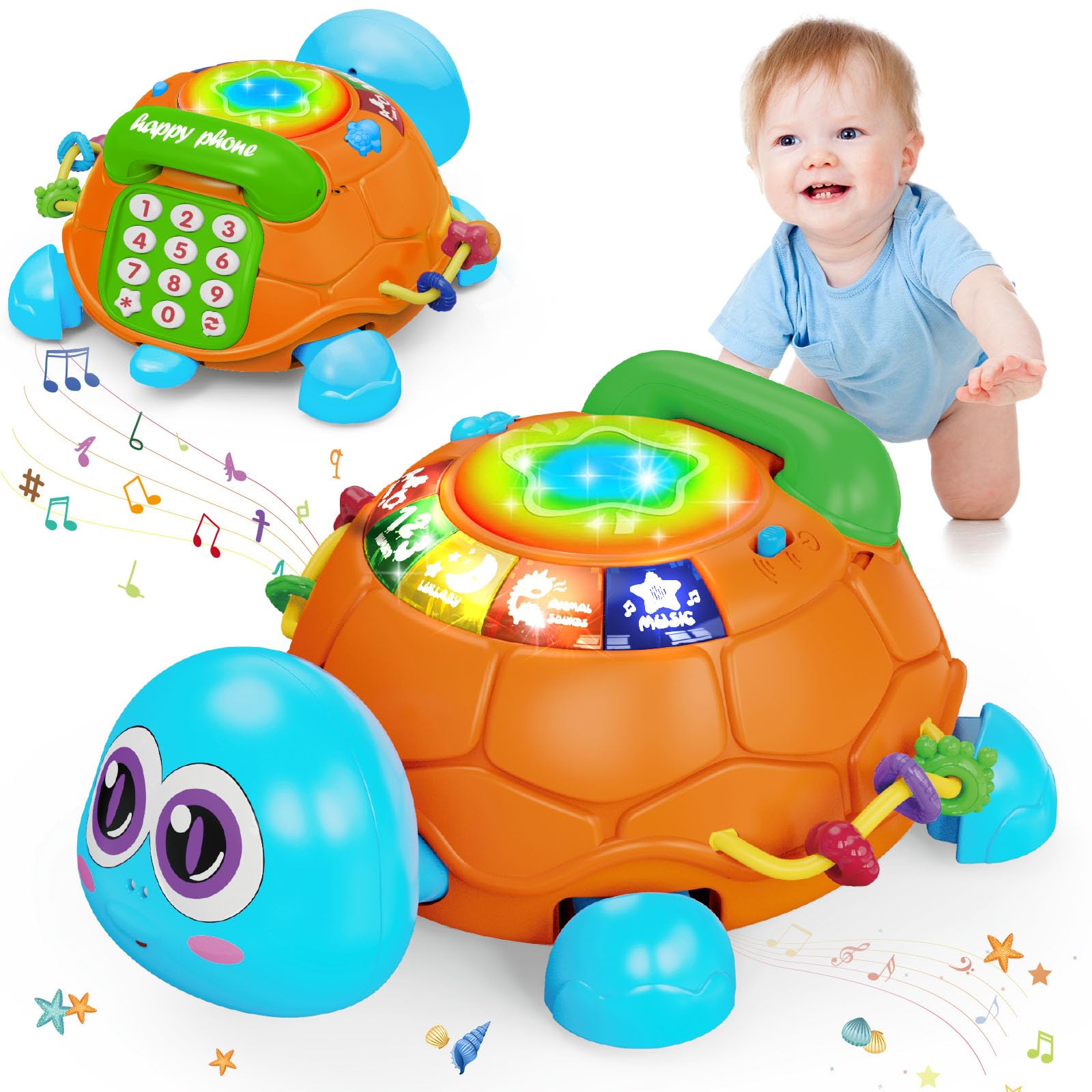 Ussybaby turtle toy front view with lights and music for crawling play.