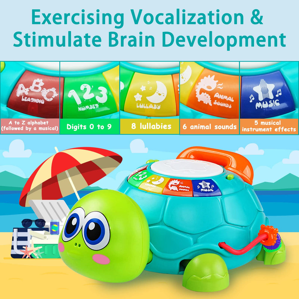 Ussybaby turtle with phone and drum for pretend play and language cues