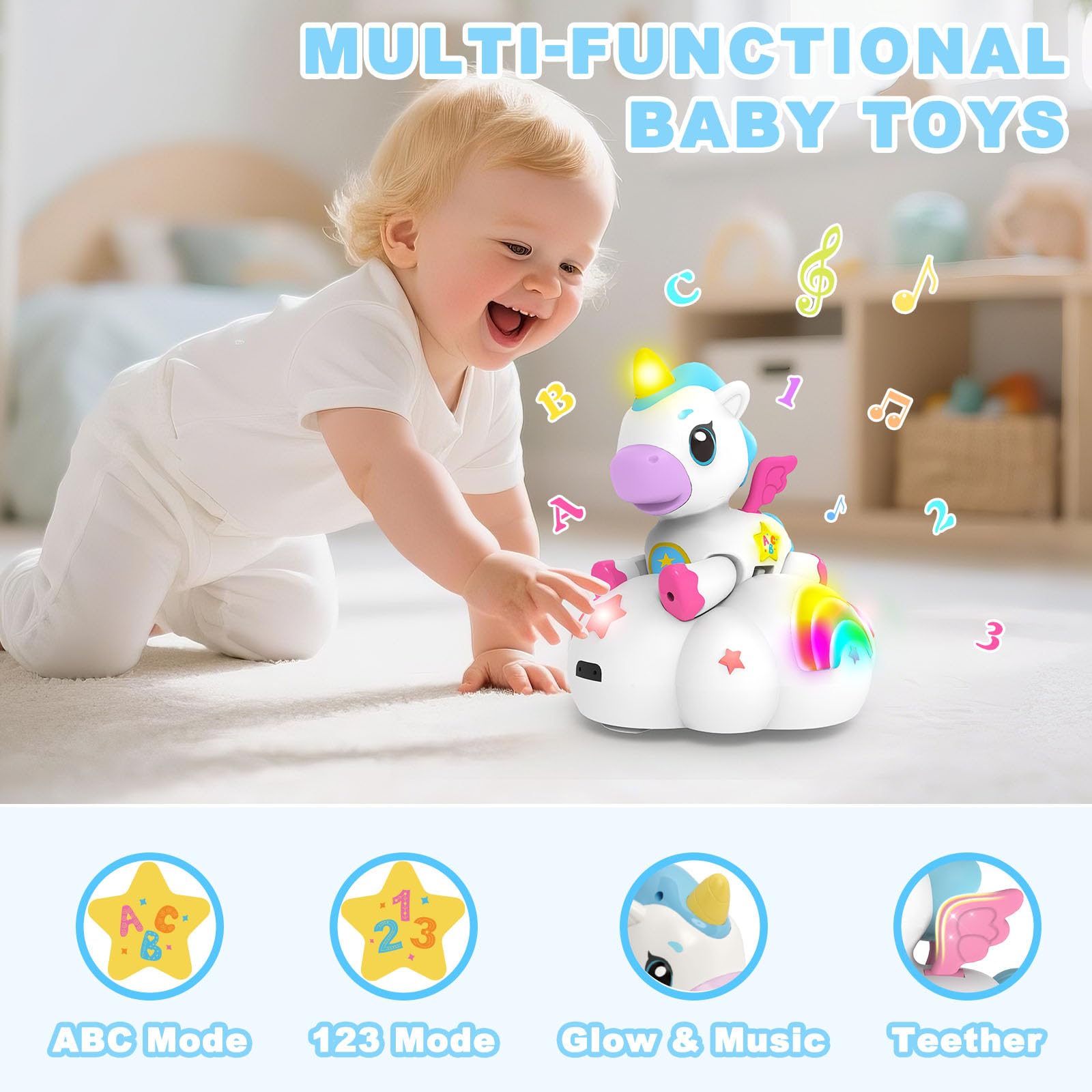 Ussybaby unicorn toy cloud base activates three crawling paths for movement