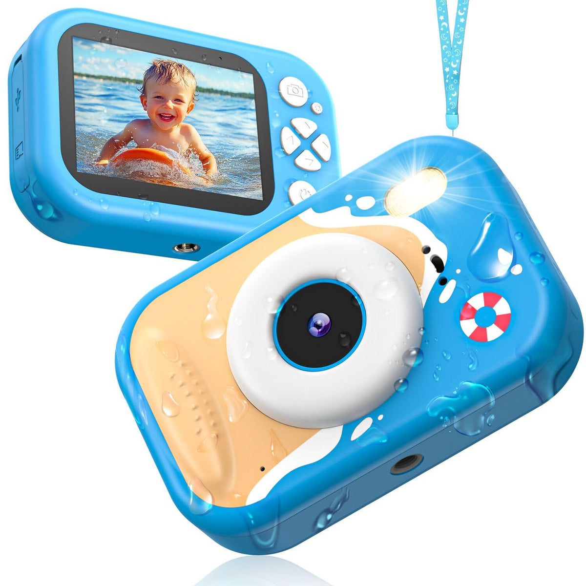 Usteetic kids camera front view shows IP68 protection for pool moments.