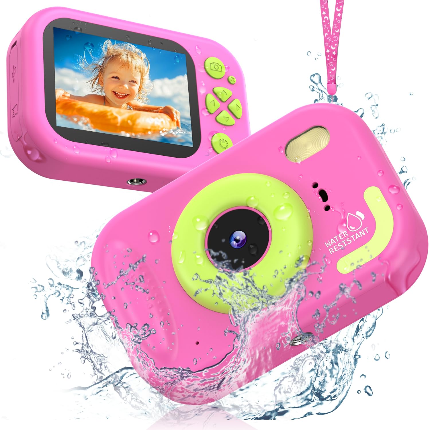 Usteetic Kids Camera in pink with IP68 waterproofing for pool and outdoor adventures.