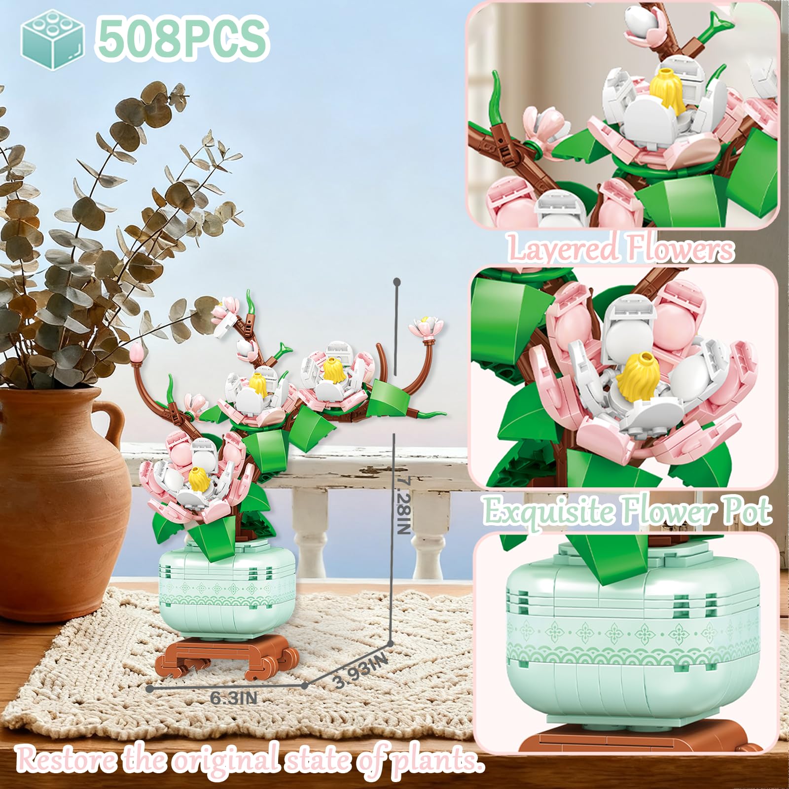 USVillGO Botanicals bonsai centerpiece displayed on shelf adds color.