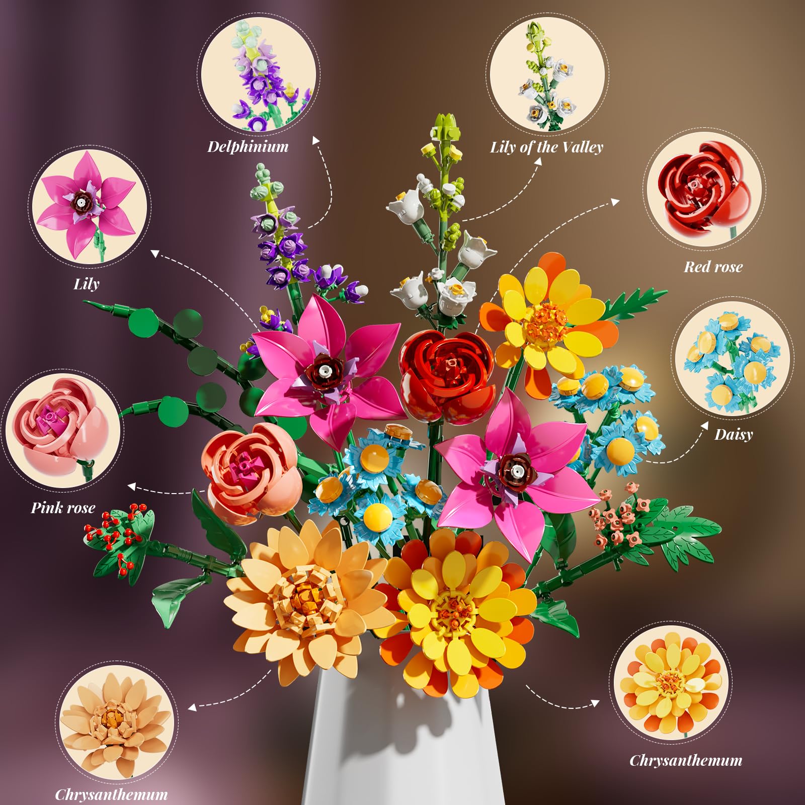 Utbttor 13 different flowers with pink rose and cosmos for varied arrangements.